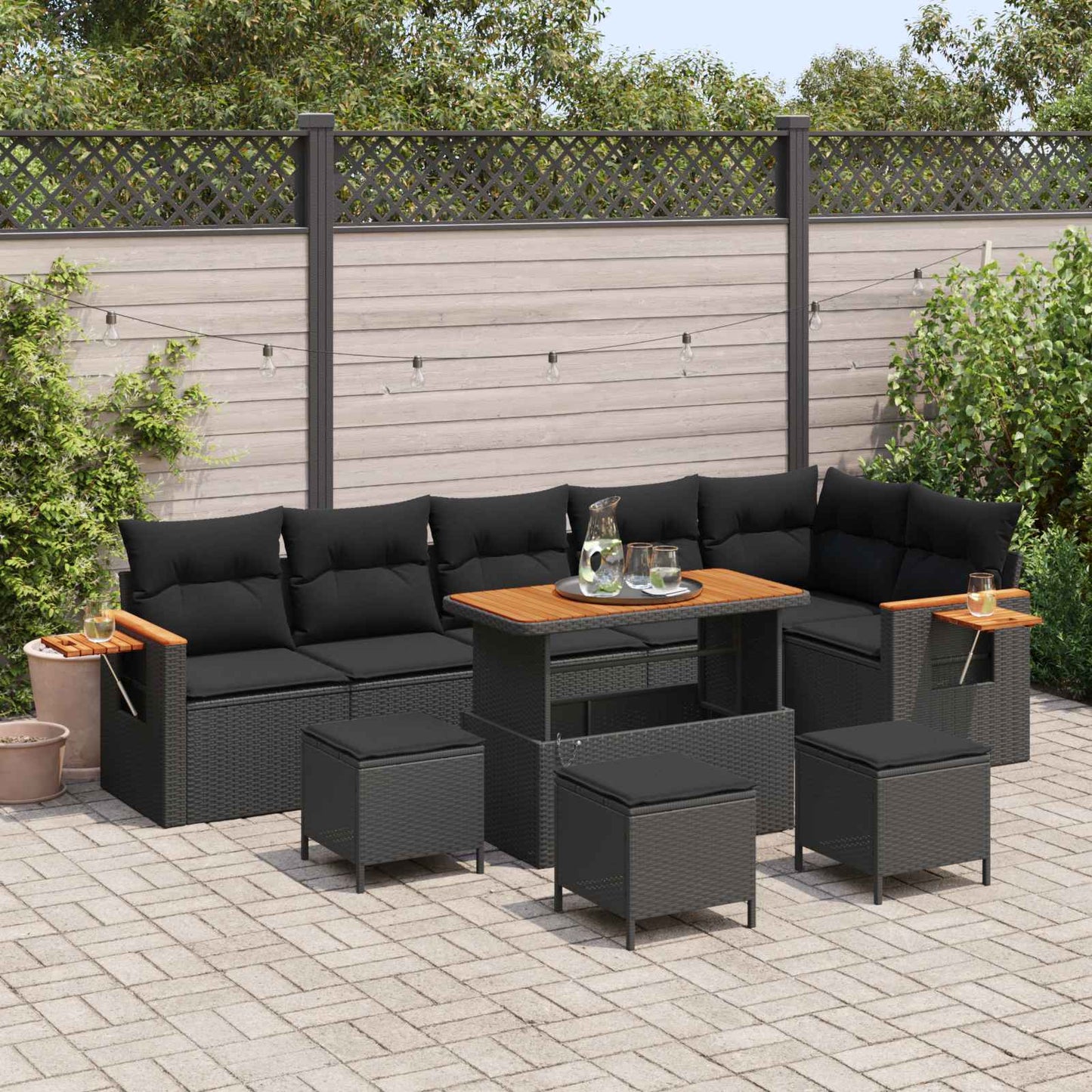 Havesofa Sæt 12 stk. 8-Antal sæder Sort polyrattan