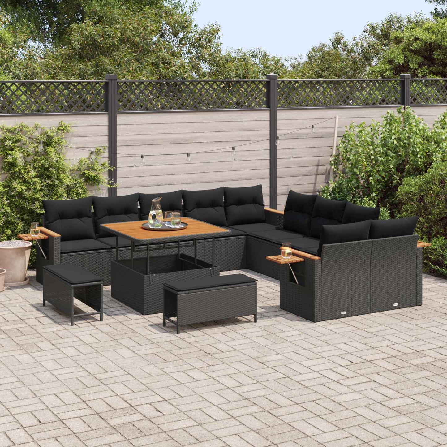 Havesofa Sæt 17 stk. 12-Antal sæder Sort polyrattan