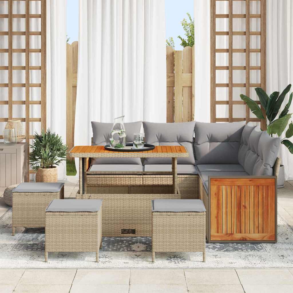 Havesofa Sæt 9 stk. 7-Antal sæder Beige og lys grå polyrattan
