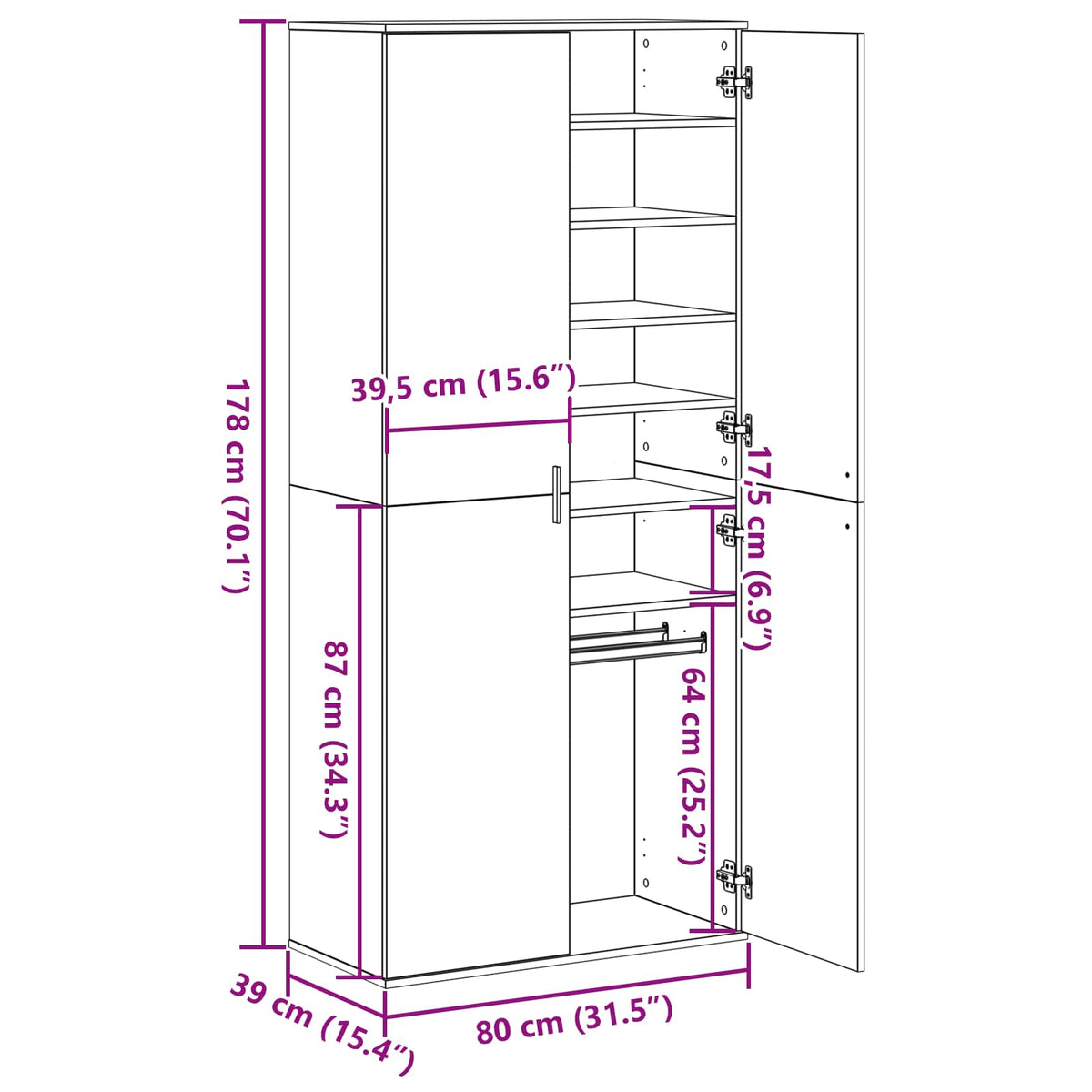 Highboard 80 x 39 x 178 cm Konstrueret træ Gammelt træ