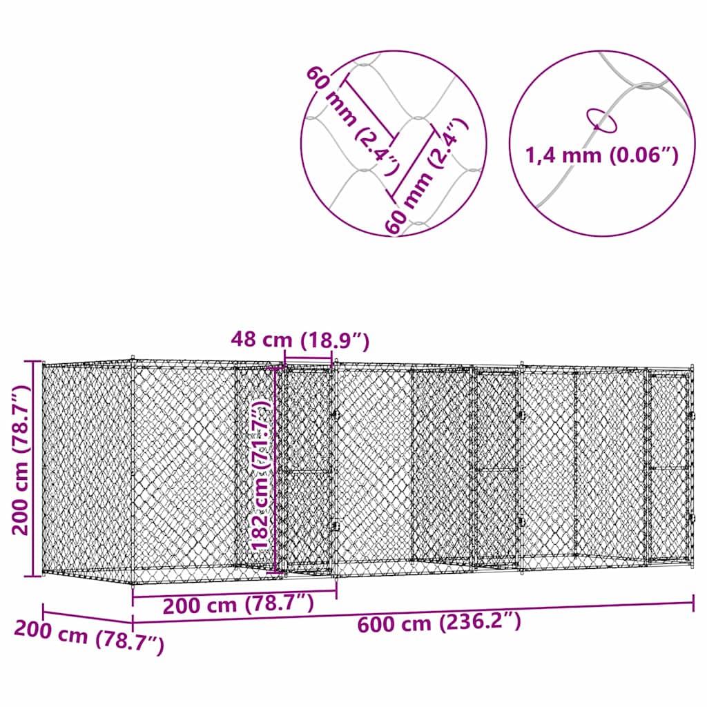 Hundebur Sølv 600 x 200 x 200 cm Galvaniseret stål