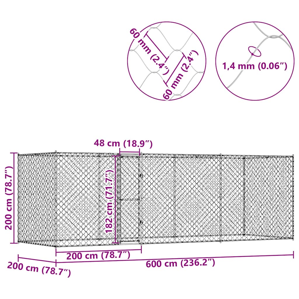 Hundebur Sølv 600 x 200 x 200 cm Galvaniseret stål