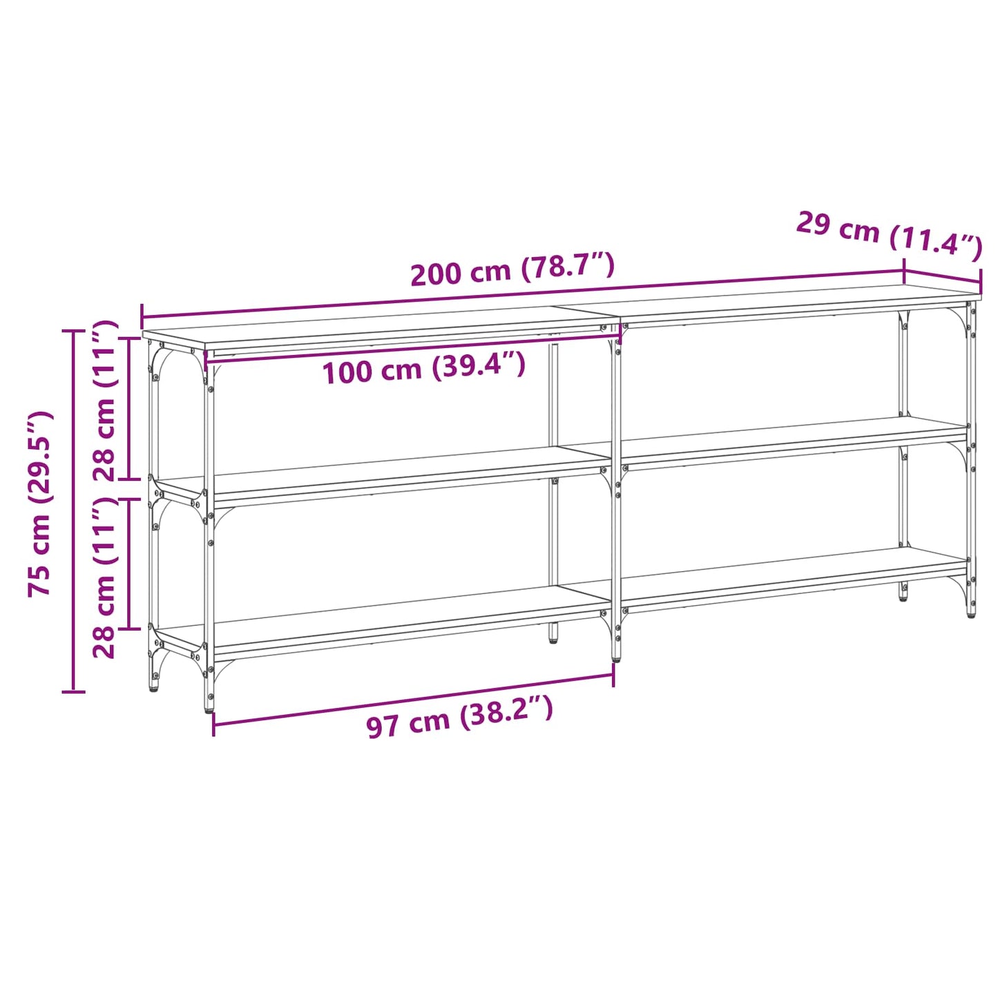 Konsolbord Sort eg 200 x 29 x 75 cm Samlet træ og metal