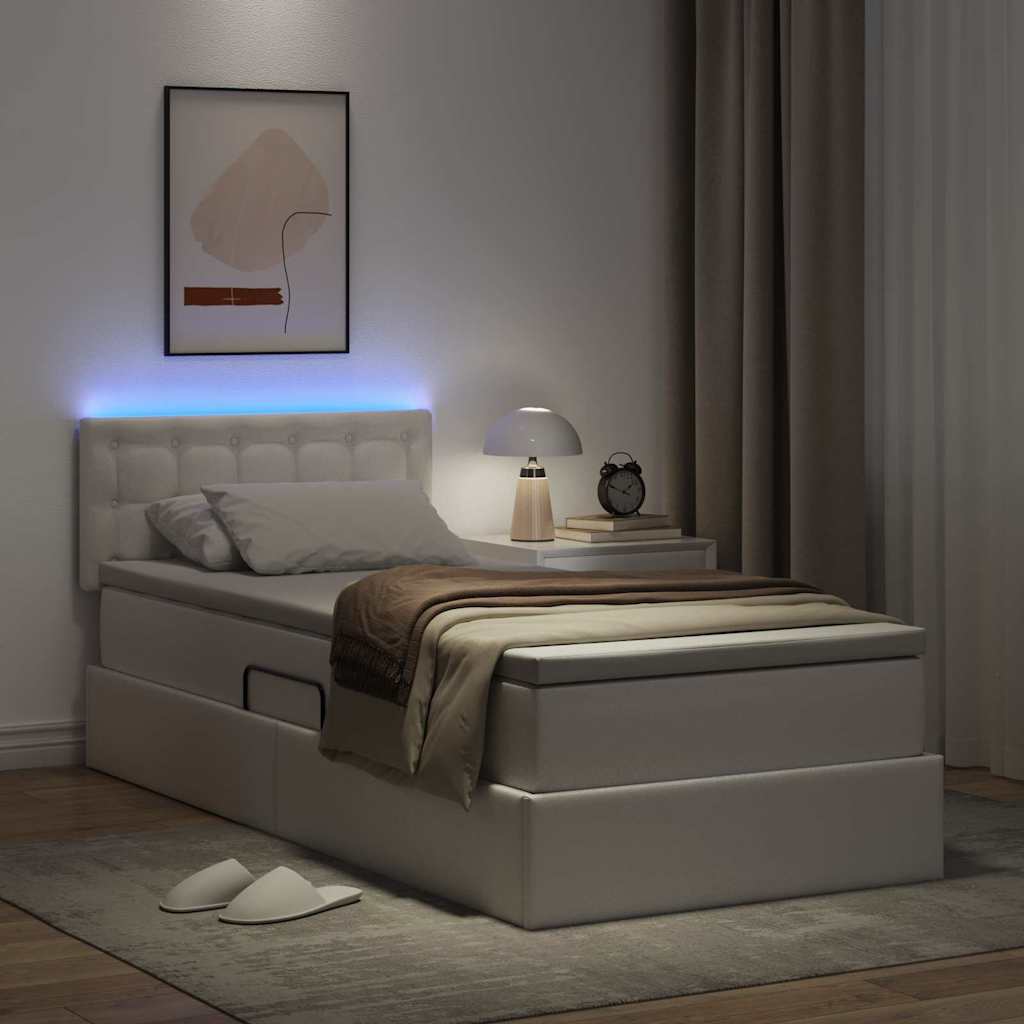 Seng med opbevaring og LED Ren Hvid 90 x 200 cm Faux læder