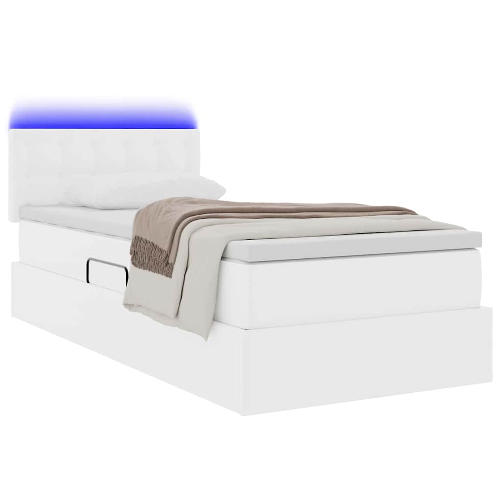 Seng med opbevaring og LED Ren Hvid 90 x 200 cm Faux læder
