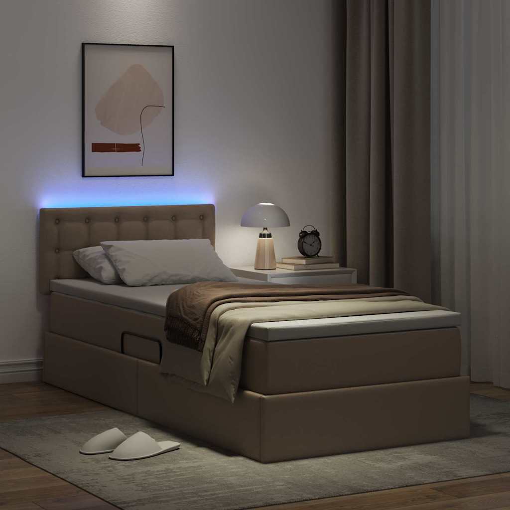 Seng med opbevaring og LED Cappuccino 100 x 200 cm Faux læder
