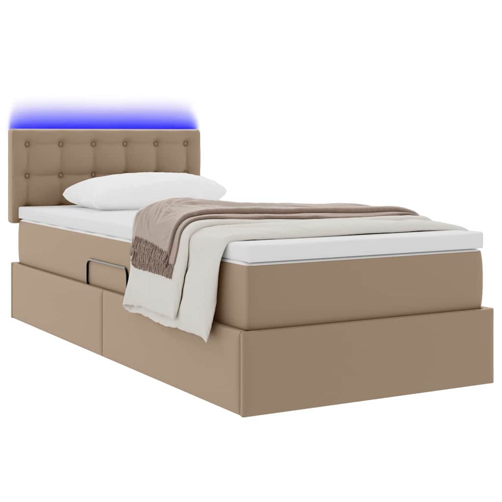 Seng med opbevaring og LED Cappuccino 100 x 200 cm Faux læder