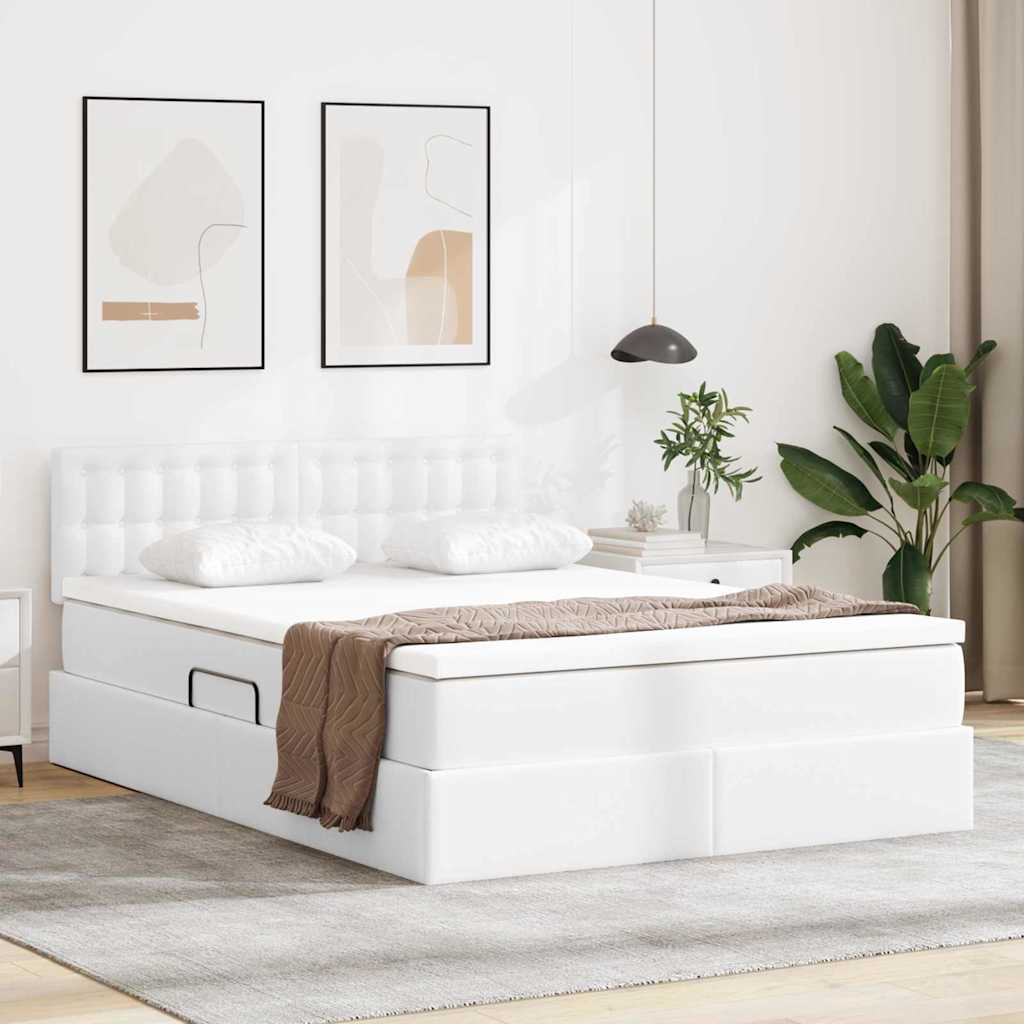 Seng med opbevaring og LED Ren Hvid 140 x 190 cm Faux læder