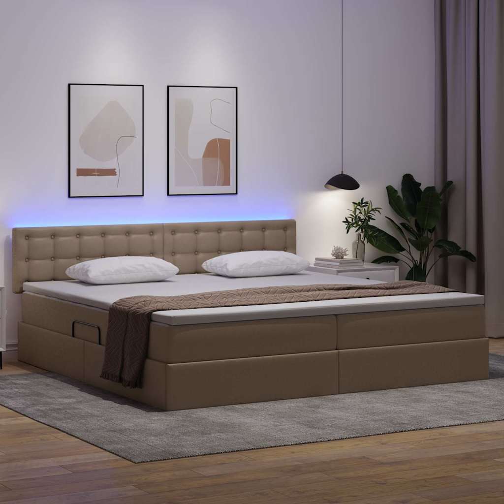 Seng med opbevaring og LED Lysegrå 200 x 200 cm Faux læder