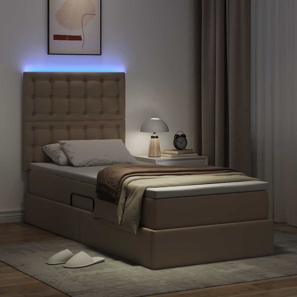 Seng med opbevaring og LED Cappuccino 100 x 200 cm Faux læder