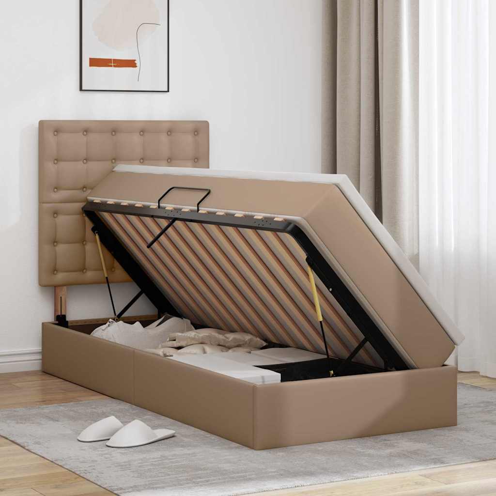 Seng med opbevaring og LED Cappuccino 100 x 200 cm Faux læder