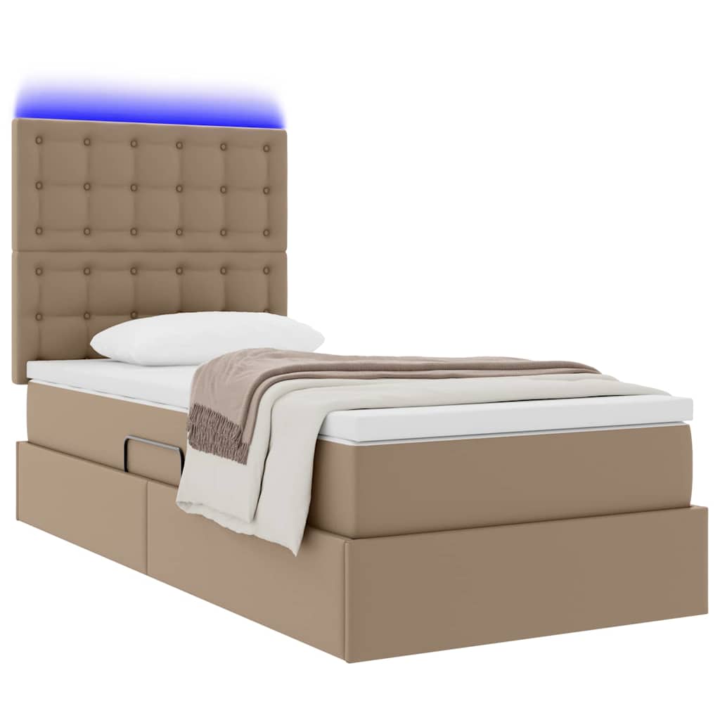 Seng med opbevaring og LED Cappuccino 100 x 200 cm Faux læder