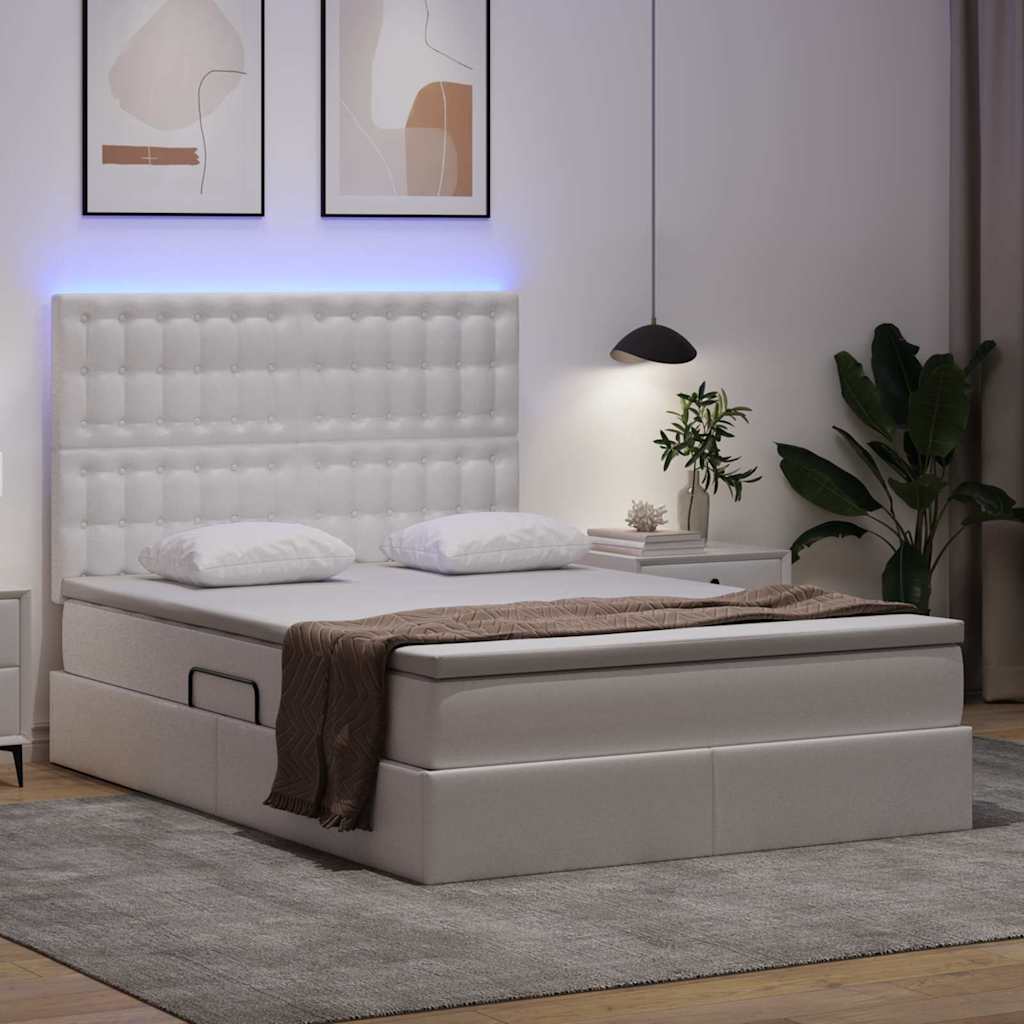 Seng med opbevaring og LED Ren Hvid 140 x 190 cm Faux læder
