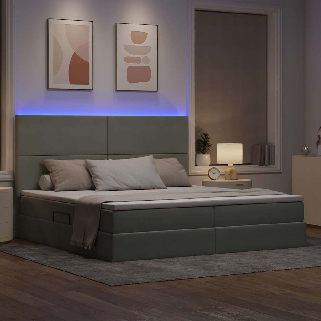 LED opbevarings seng med madras Lysegrå 200 x 200 cm Fløjl