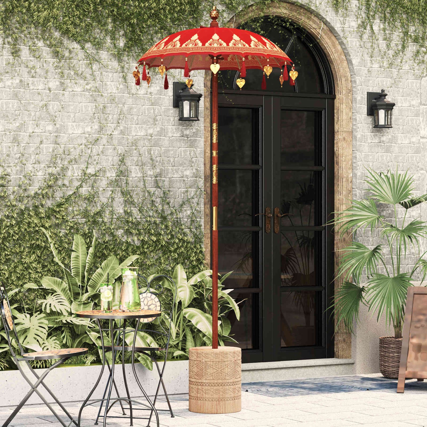 Balinesisk parasol med base Rød 95 x 95 x 260 cm