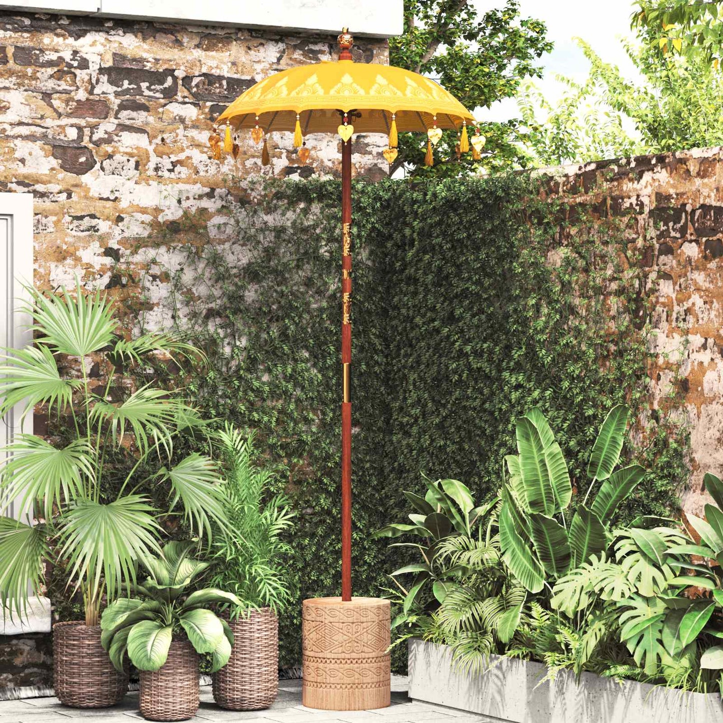 Balinesisk parasol med base Gul 95 x 95 x 260 cm