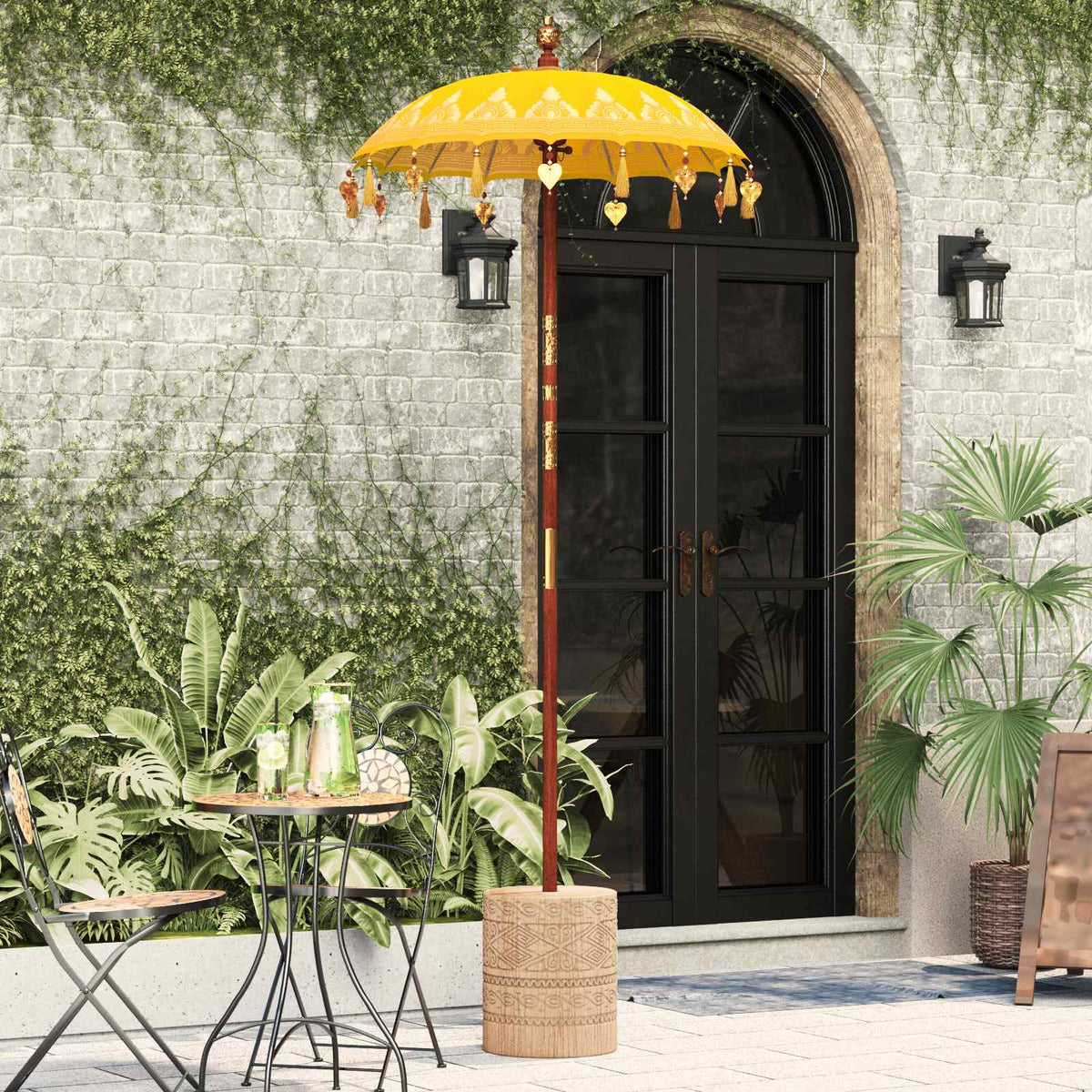 Balinesisk parasol med base Gul 95 x 95 x 260 cm