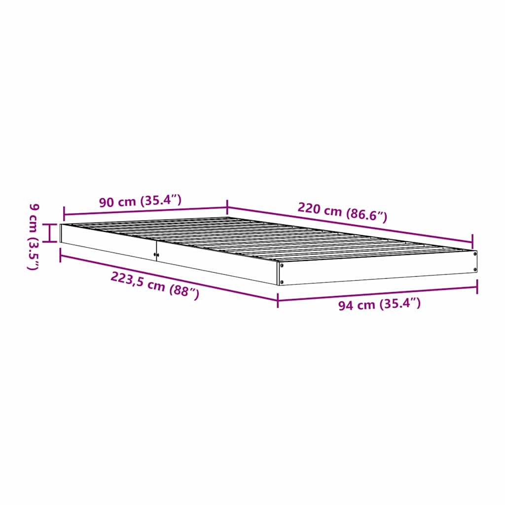 Gulvsengramme Hvid 90 x 220 cm Massiv fyrretræ