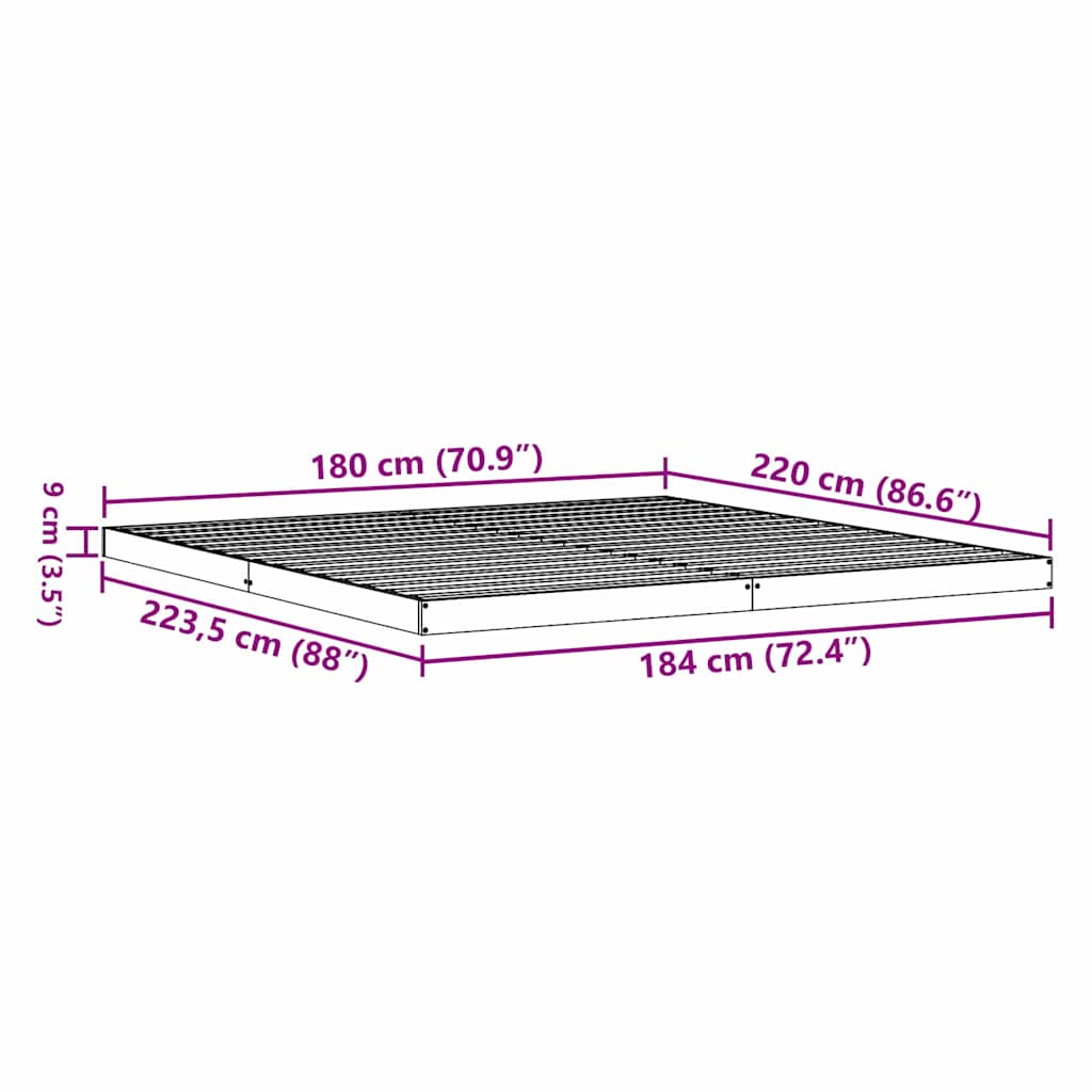 Gulvsengramme Hvid 180 x 220 cm Massiv fyrretræ