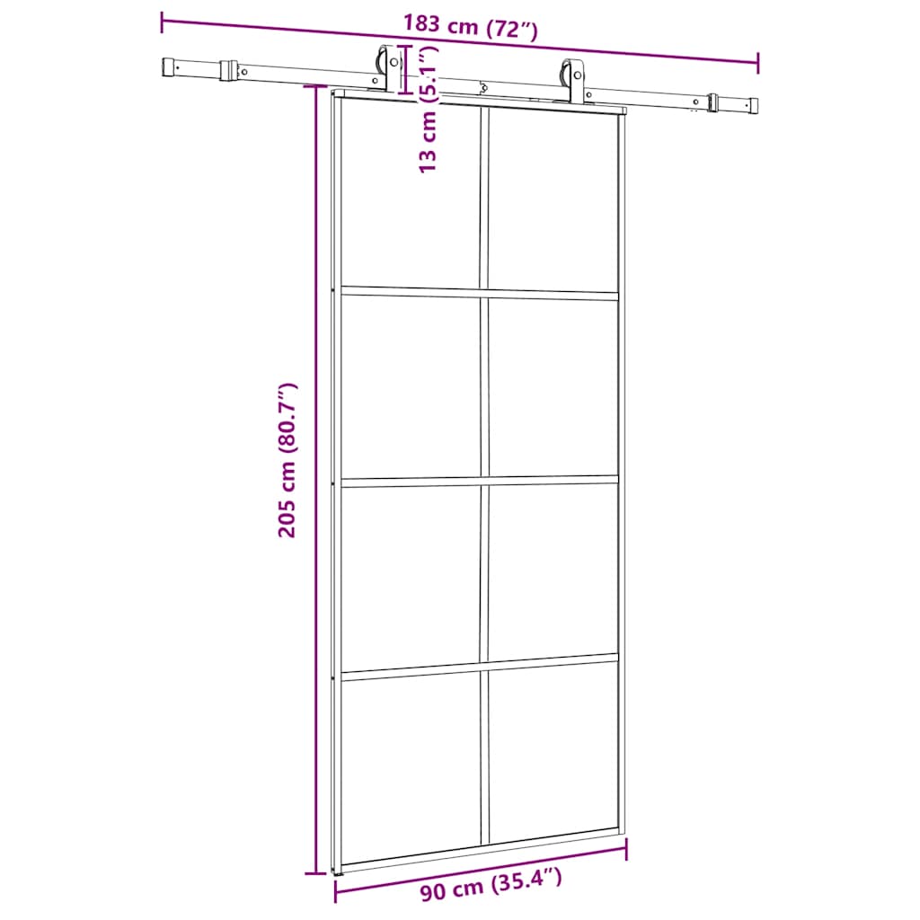 skydedør med hardwaresæt 90x205 cm ESG glas sort