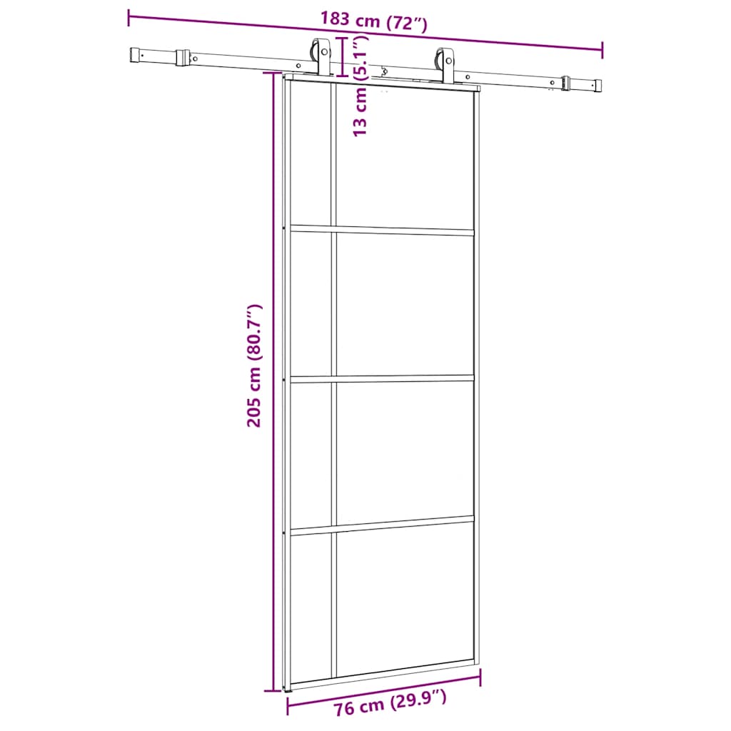 skydedør med hardwaresæt 76x205 cm ESG glas sort
