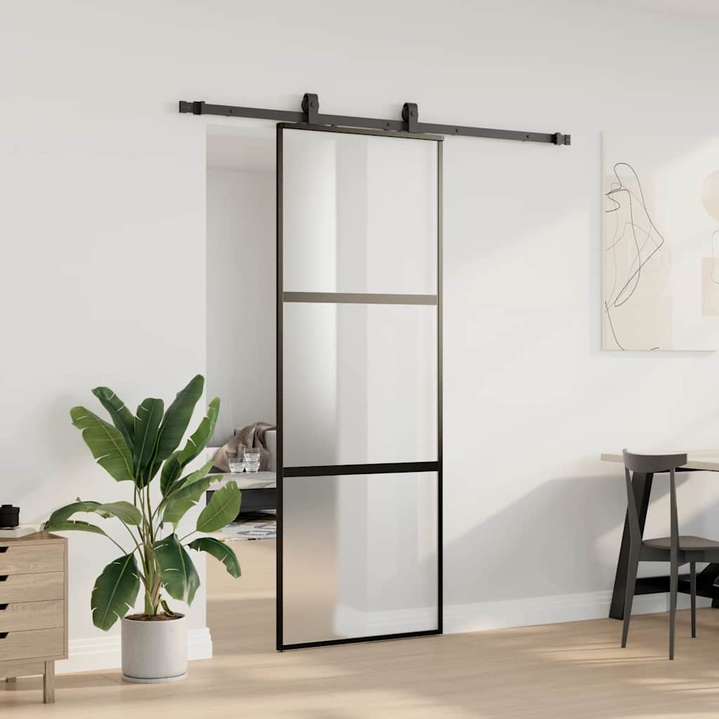 skydedør med hardwaresæt 76x205 cm hærdet glas sort