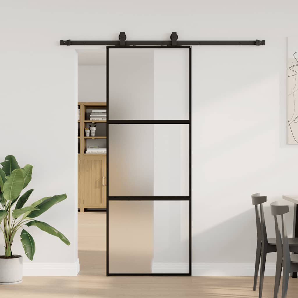 skydedør med hardwaresæt 76x205 cm hærdet glas sort