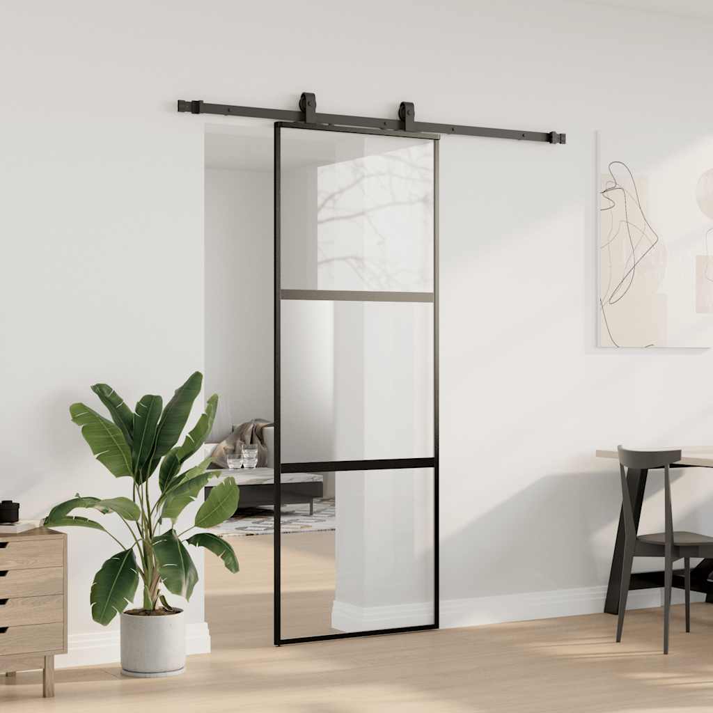 skydedør med hardwaresæt 76x205 cm hærdet glas sort