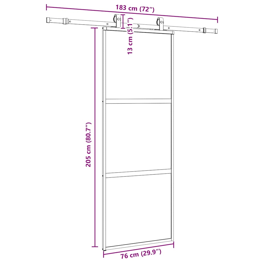 skydedør med hardwaresæt 76x205 cm hærdet glas sort