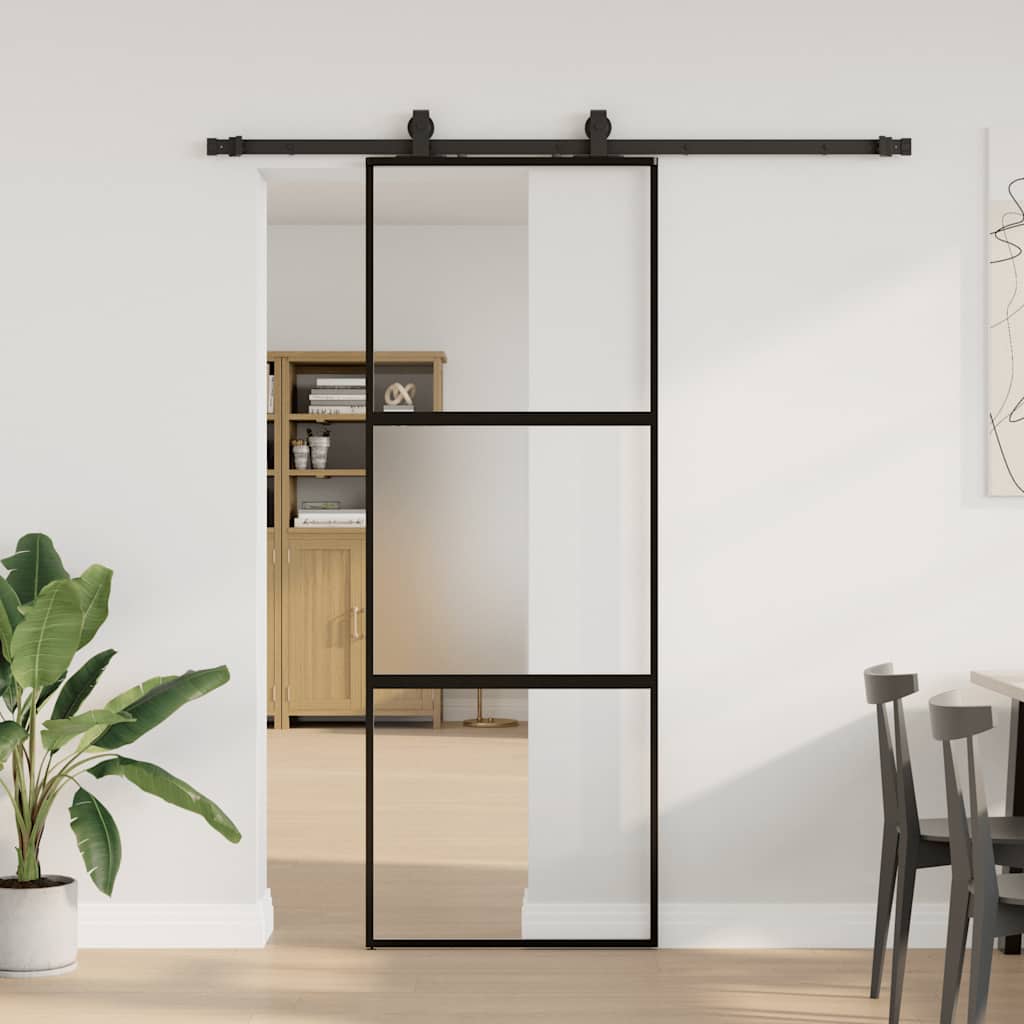 skydedør med hardwaresæt 76x205 cm hærdet glas sort