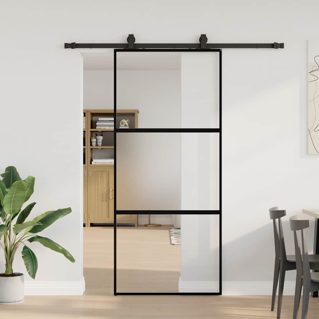 skydedør med hardwaresæt 90x205 cm hærdet glas sort