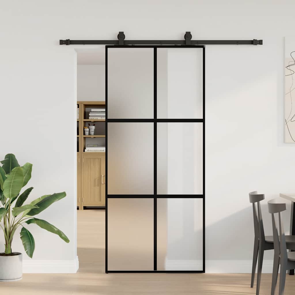 skydedør med hardwaresæt 90x205 cm hærdet glas sort