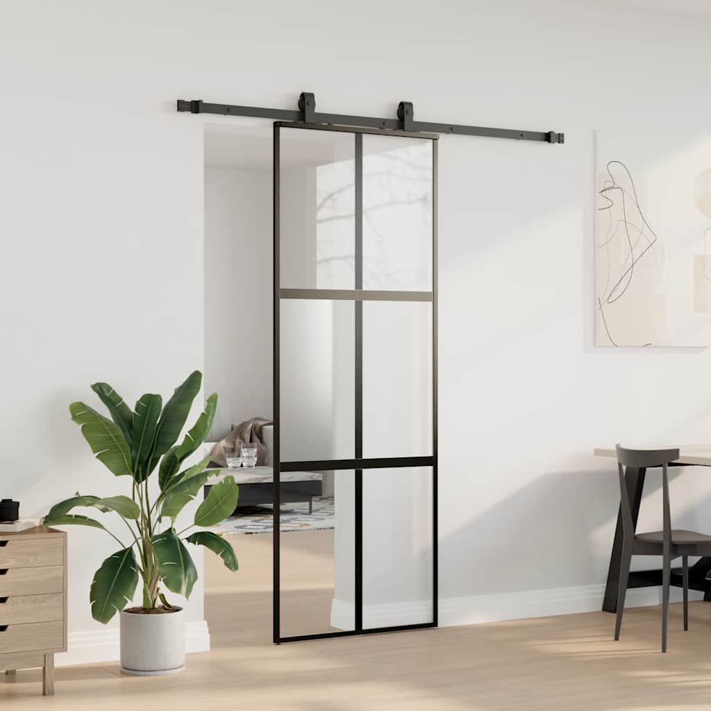 skydedør med hardwaresæt 76x205 cm hærdet glas sort