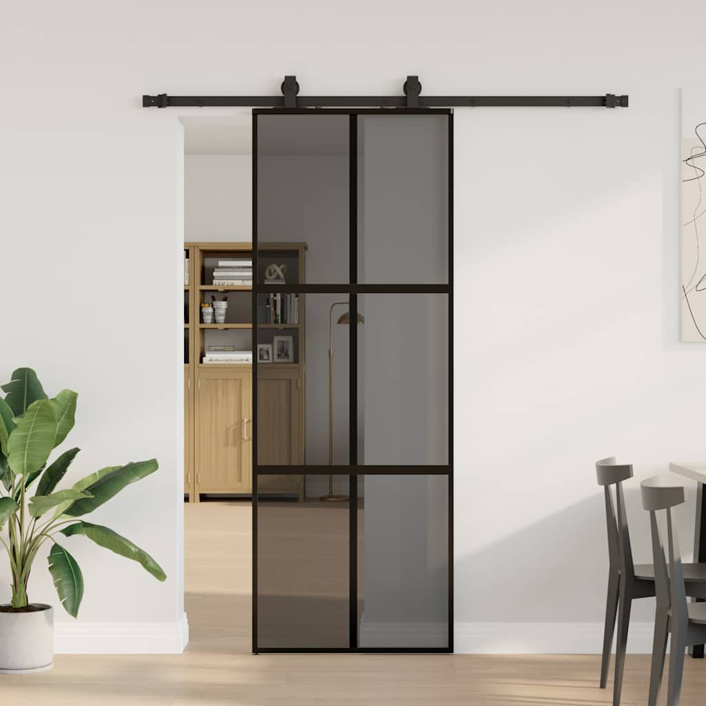 skydedør med hardwaresæt 76x205 cm hærdet glas sort