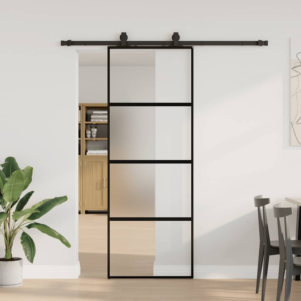 skydedør med hardwaresæt 76x205 cm hærdet glas sort
