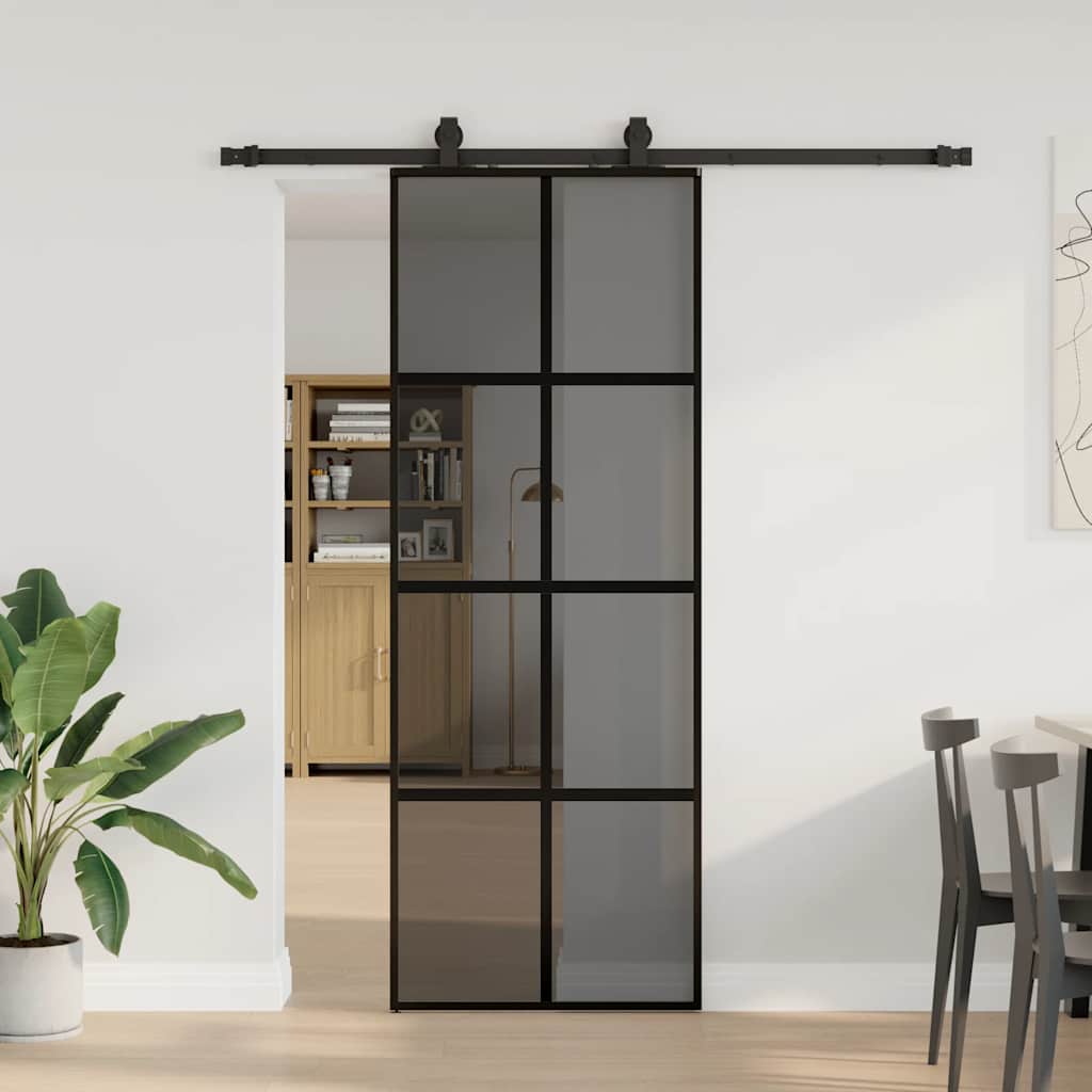 skydedør med hardwaresæt 76x205 cm hærdet glas sort
