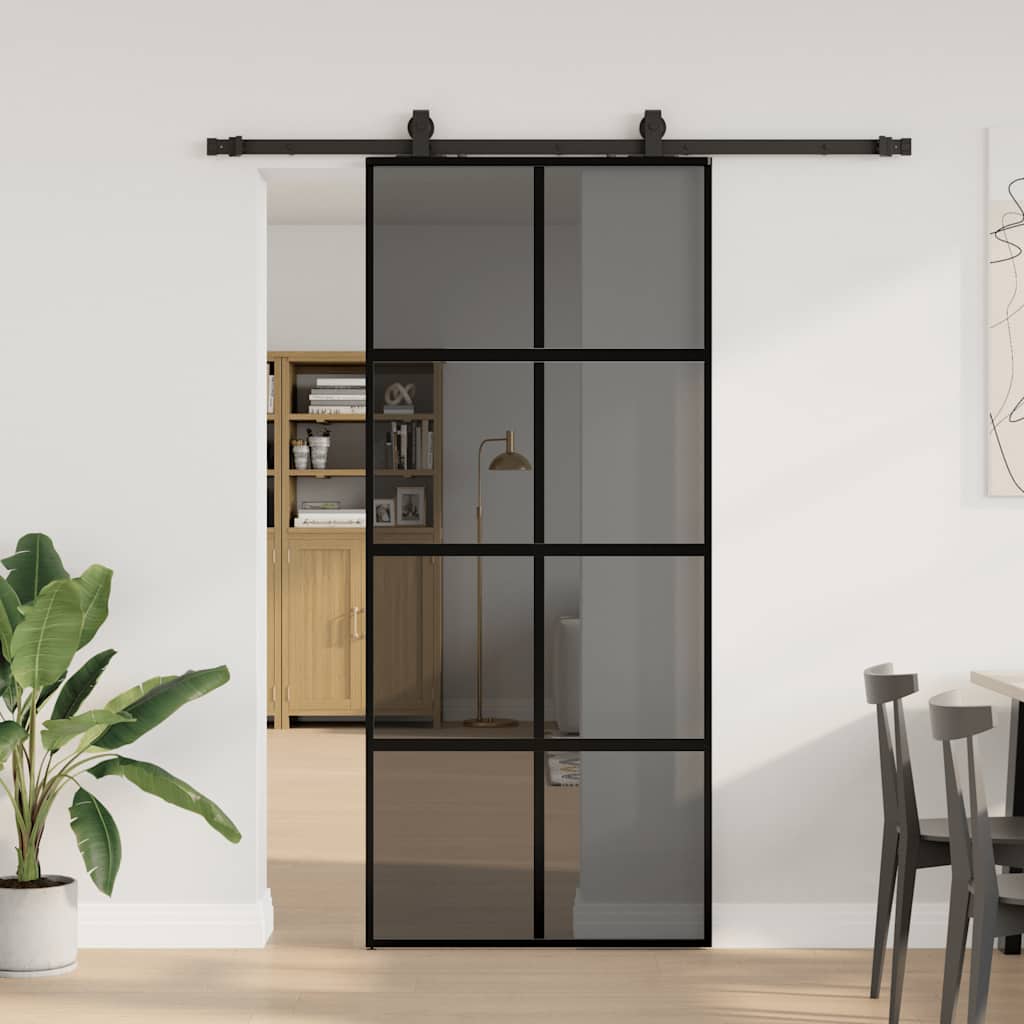 skydedør med hardwaresæt 90x205 cm hærdet glas sort