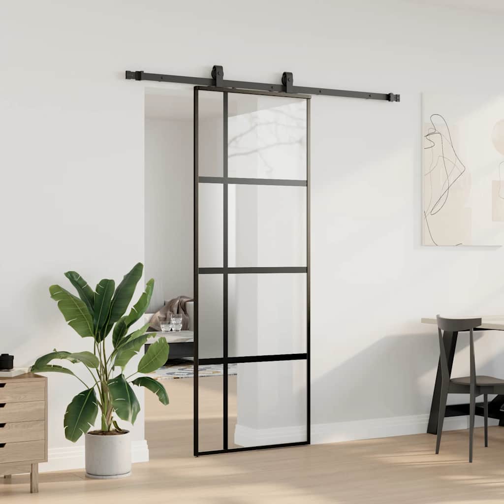 skydedør med hardwaresæt 76x205 cm hærdet glas sort
