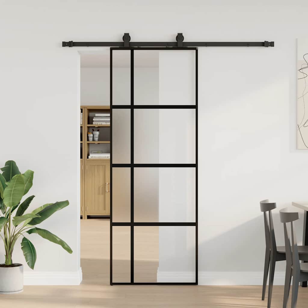 skydedør med hardwaresæt 76x205 cm hærdet glas sort