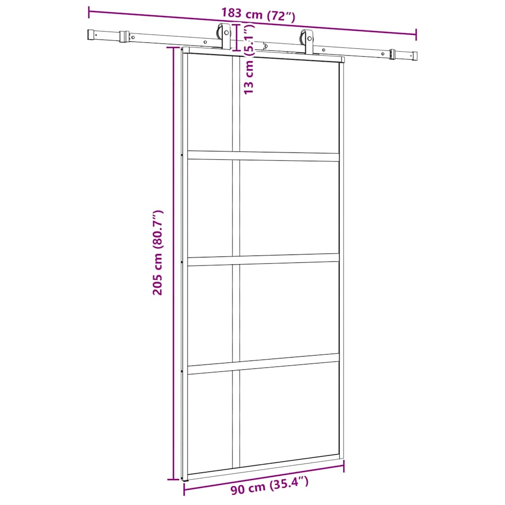 skydedør med hardwaresæt 90x205 cm hærdet glas sort