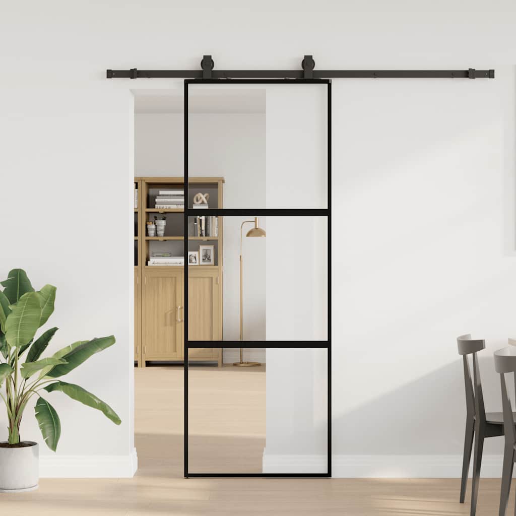 skydedør med hardwaresæt 76x205 cm hærdet glas sort