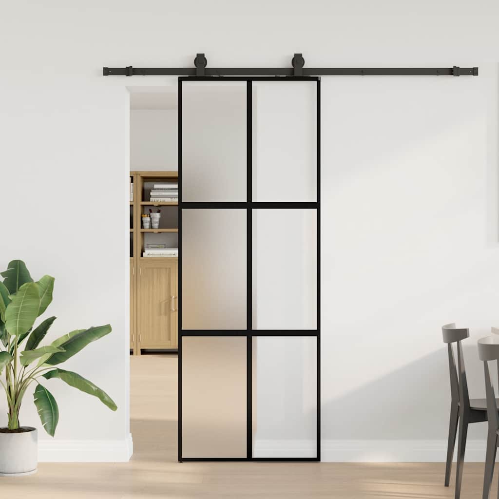 skydedør med hardwaresæt 76x205 cm hærdet glas sort