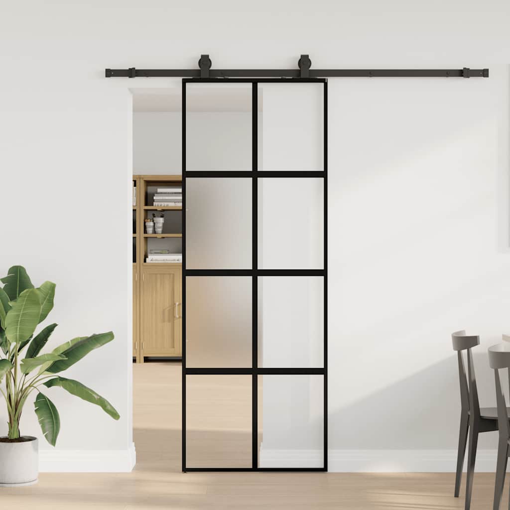 skydedør med hardwaresæt 76x205 cm hærdet glas sort