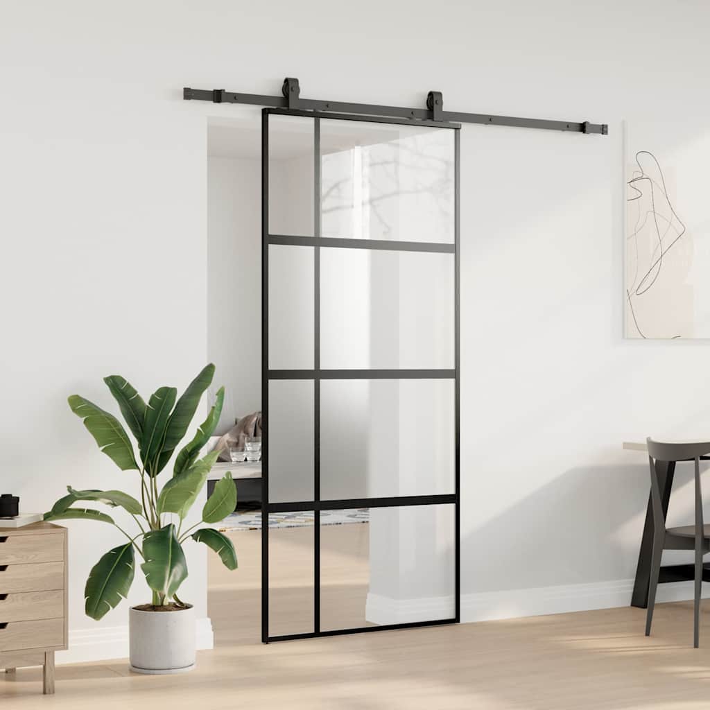 skydedør med hardwaresæt 90x205 cm hærdet glas sort