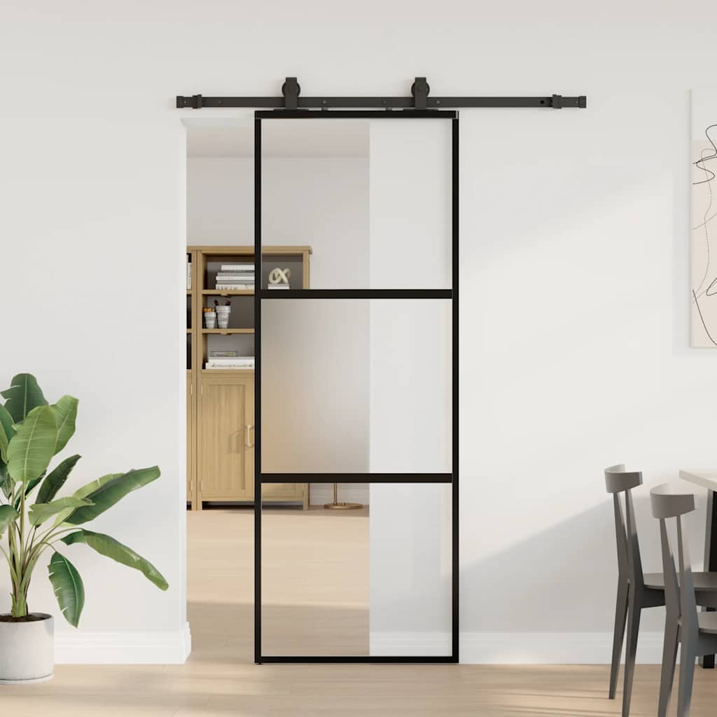skydedør med hardwaresæt 76x205 cm hærdet glas sort