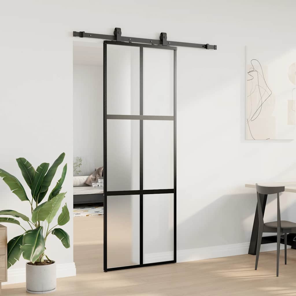 skydedør med hardwaresæt 76x205 cm hærdet glas sort