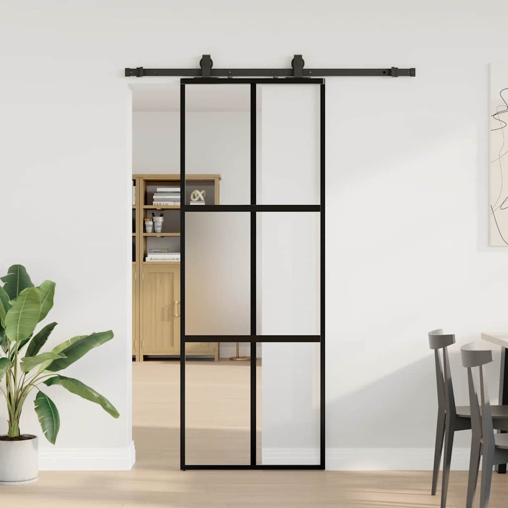 skydedør med hardwaresæt 76x205 cm hærdet glas sort