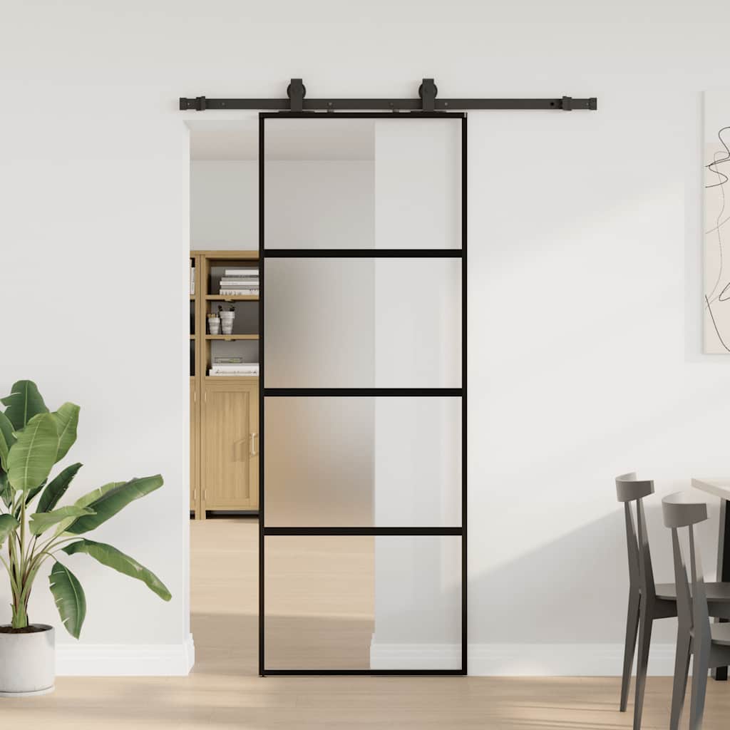 skydedør med hardwaresæt 76x205 cm hærdet glas sort