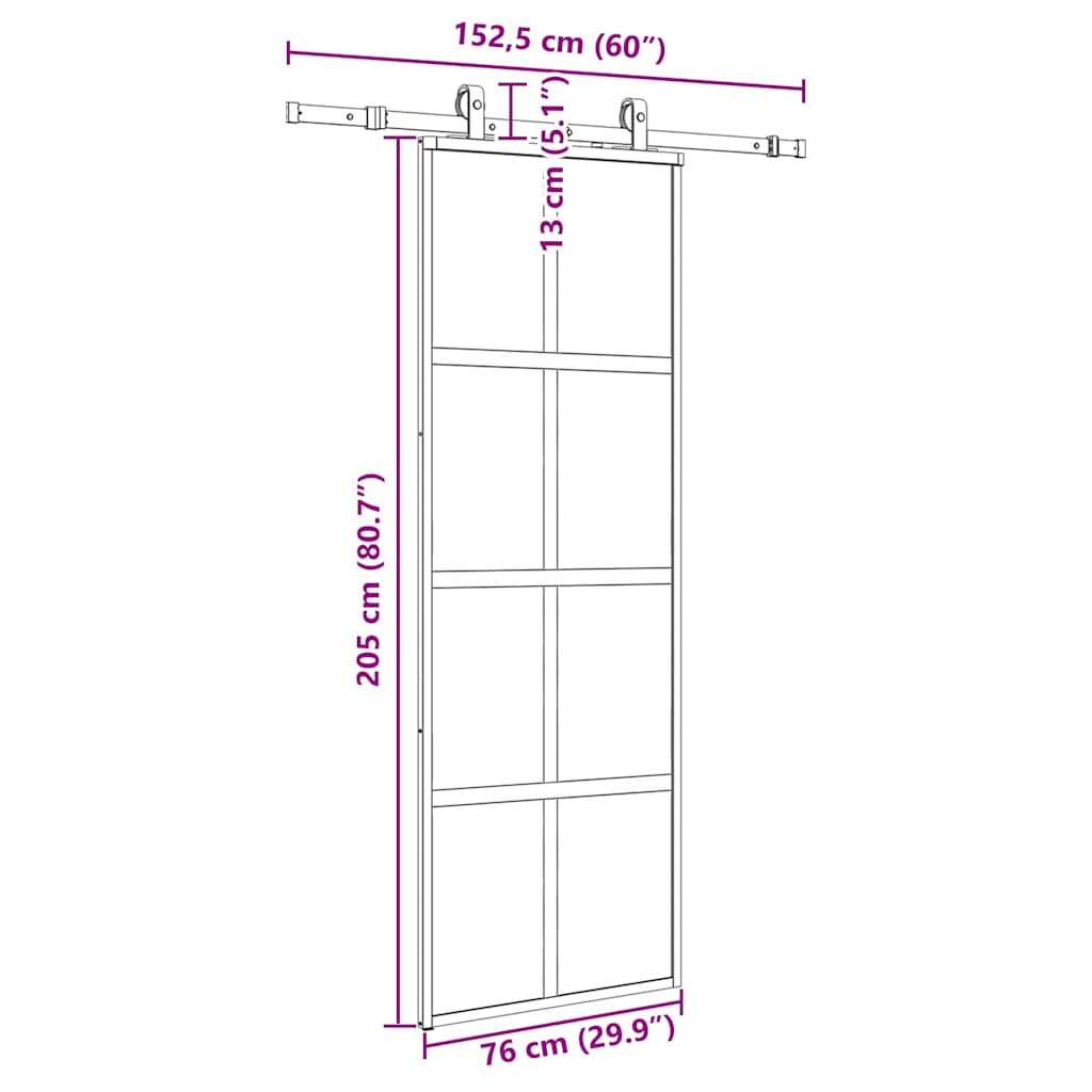 skydedør med hardwaresæt 76x205 cm hærdet glas sort