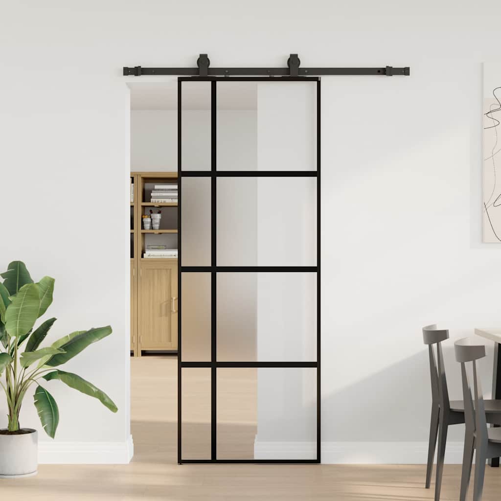 skydedør med hardwaresæt 76x205 cm hærdet glas sort